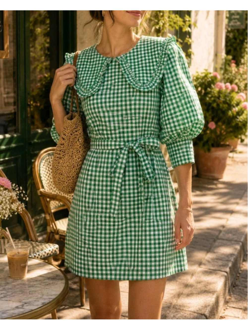 Reserved Green Gingham Seersucker Mini Dress Peter Pan Collar Belted EU40 UK12